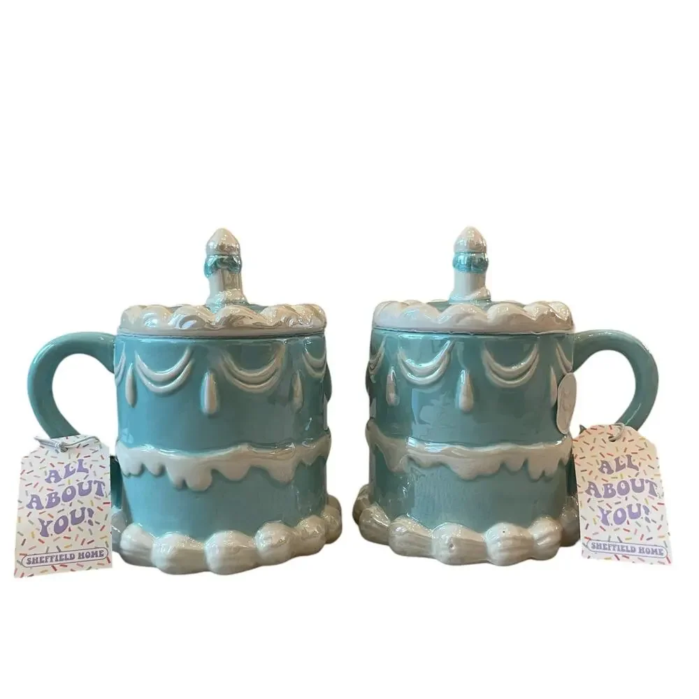 2pc Sheffield Home Hand Painted Blue Happy Birthday Cake Mug with Candle Lid New